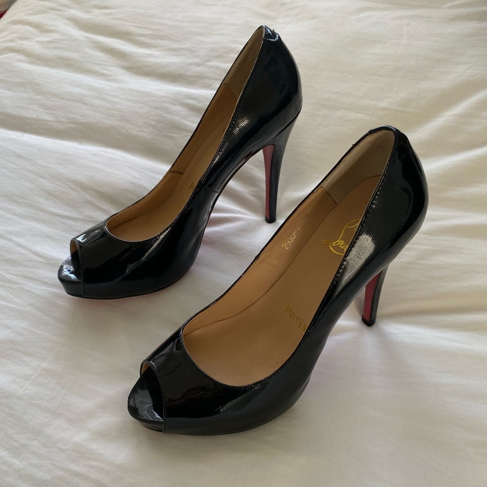 Christian Louboutin Black Patent Peep-Toe Heels
